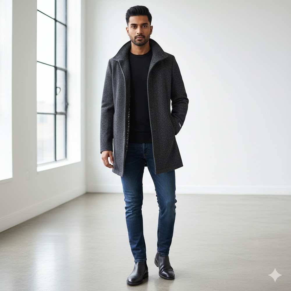 New Men's Original Penguin Wool Blend Top Coat 40R Medium Herringbone Gray